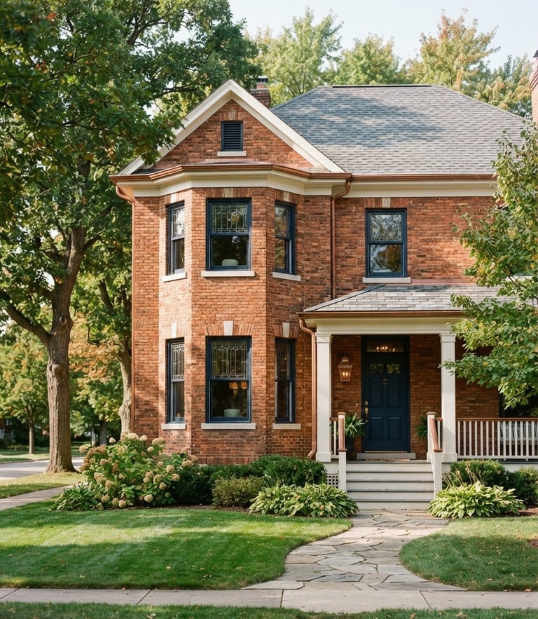 Warm editorial photography of a beautifully restored brick home in Rockford, bright natural daylight, 35mm lens