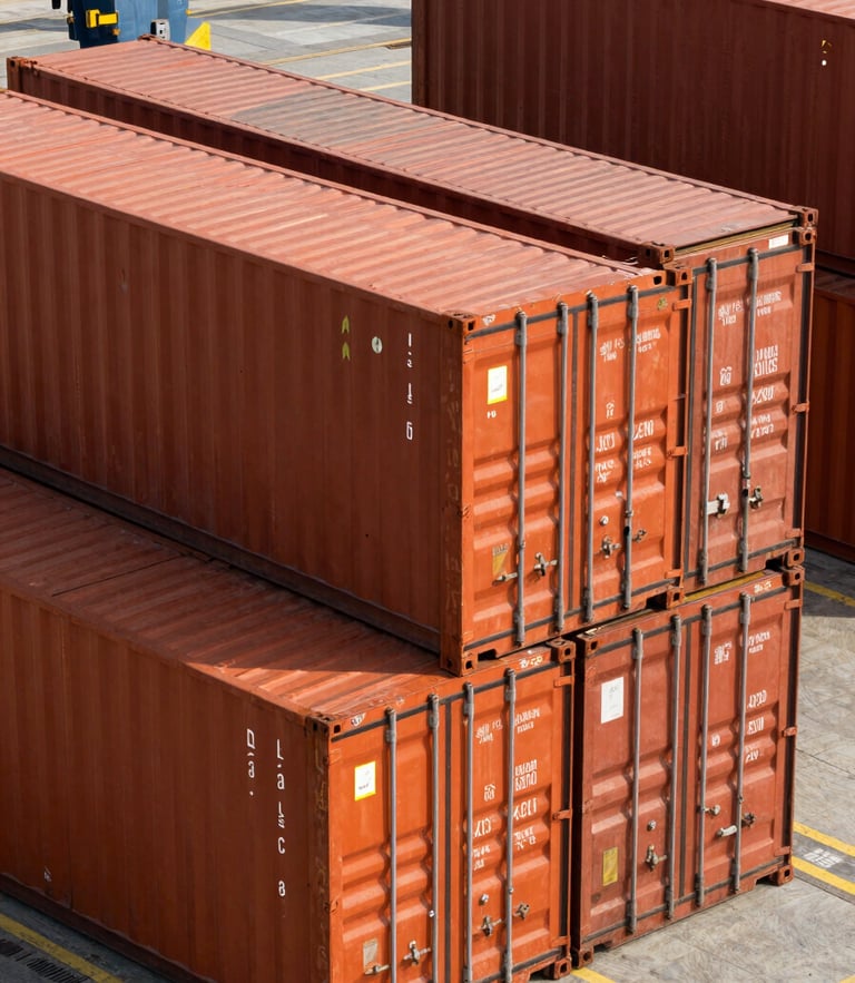 High-angle architectural shot of massive orange shipping containers stacked at a modern industrial port terminal under crisp daylight