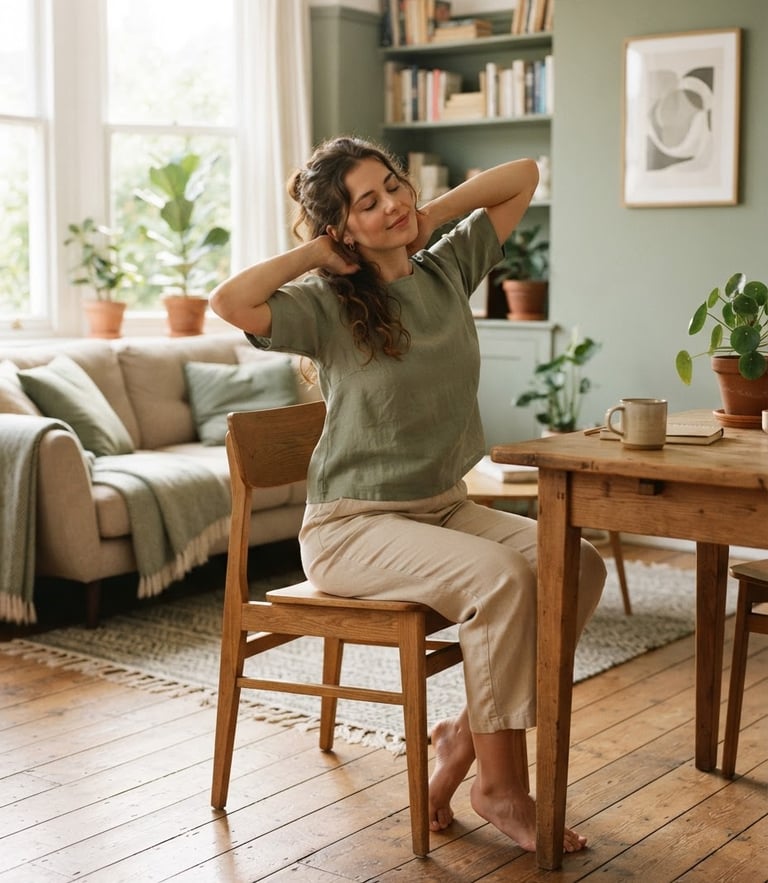 Warm editorial photography of a woman in a bright home living room, gently stretching her back while seated on a wooden chair, soft morning daylight filtering through a window, sage green accents, 35mm.