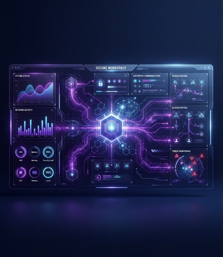 Sleek digital UI illustration of a secure workspace dashboard with purple data flows, cool ambient studio light, dark navy background, crisp high-fidelity render