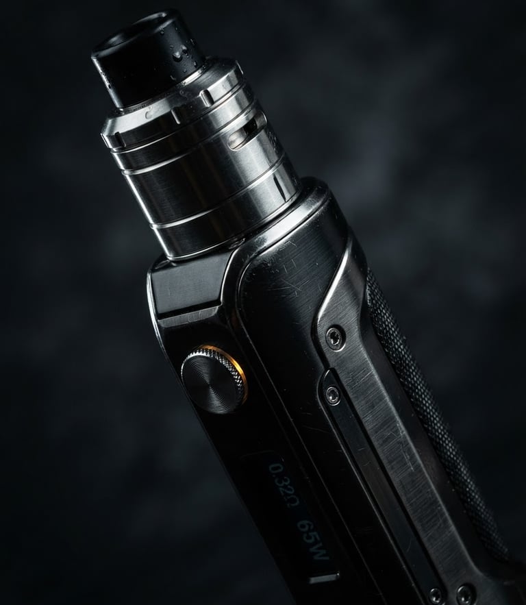 Macro close-up of a sleek metallic vape mod, sharp rim lighting highlighting the brushed steel edges, dark studio background, deep shadows, 3:4 aspect