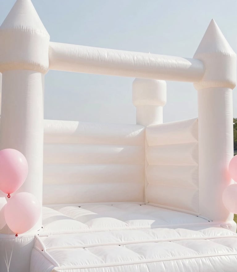Bright editorial photography, a pristine white bounce castle styled with pastel pink balloons under soft natural daylight, minimalist aesthetic, medium format