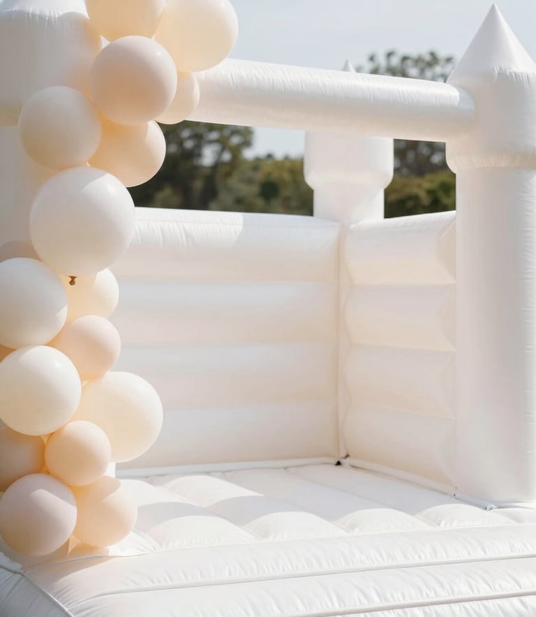 Bright editorial photography of a pristine white bounce castle decorated with soft pastel cream balloons, soft natural daylight, minimalist elegant setup, shallow depth of field.