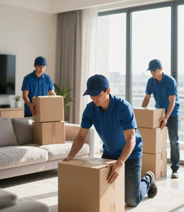 Movers in clean uniforms carefully packing a modern living room, bright UAE sun through window, sharp focus
