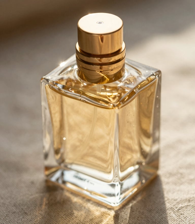 Macro close-up of a heavy glass perfume bottle with a golden cap, warm dramatic side-lighting with sharp shadows, resting on a textured linen surface, luxury product photography