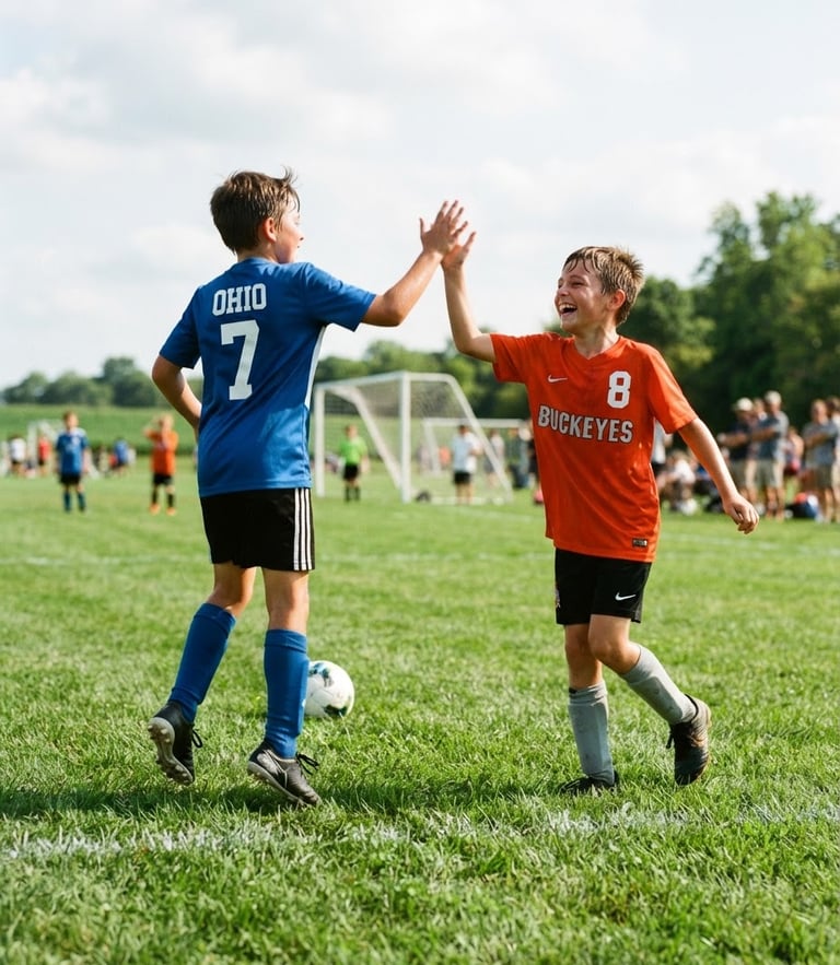 A dynamic low-angle shot of local youth soccer players high-fiving on a vibrant green field in Ohio, bright natural daylight, action framing, 35mm style.