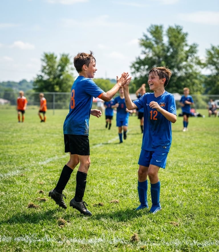 Low-angle action shot of youth soccer players high-fiving on a vibrant green grass field in Ohio, bright natural daylight, royal blue jerseys.