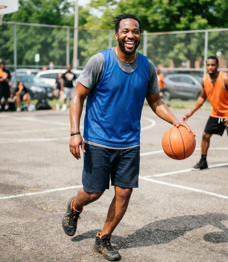 Dynamic portrait of an active adult player smiling on a local Ohio basketball court, wearing a simple blue scrimmage vest, bright natural daylight.