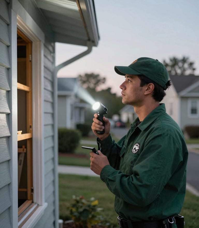 A professional GuardNest technician in a clean dark green uniform inspecting a home exterior foundation with a high-contrast flashlight beam in an Oakland neighborhood at dusk.