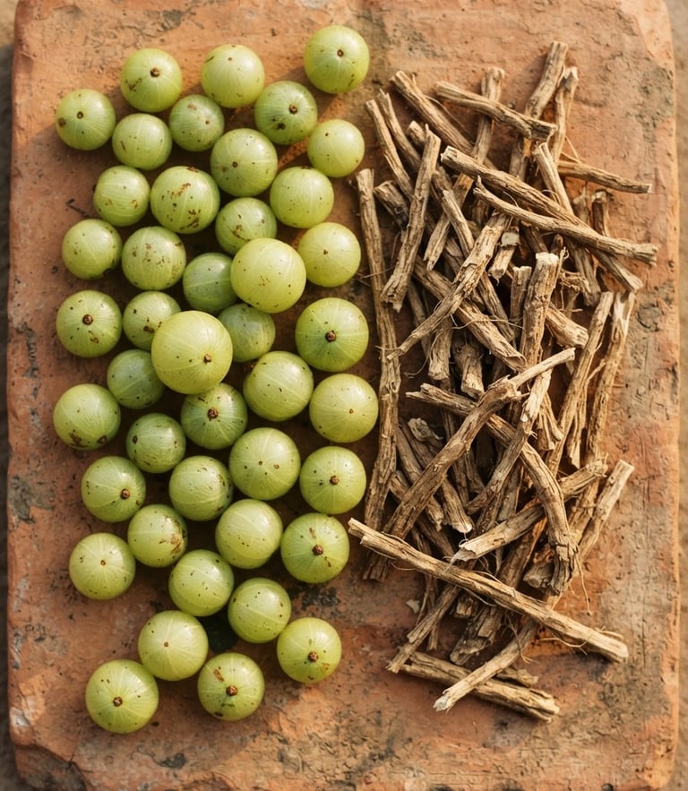 Overhead flat-lay of raw amla berries and dried shatavari roots on a rustic clay tile, warm low-contrast afternoon sun, soft shadows, 35mm.