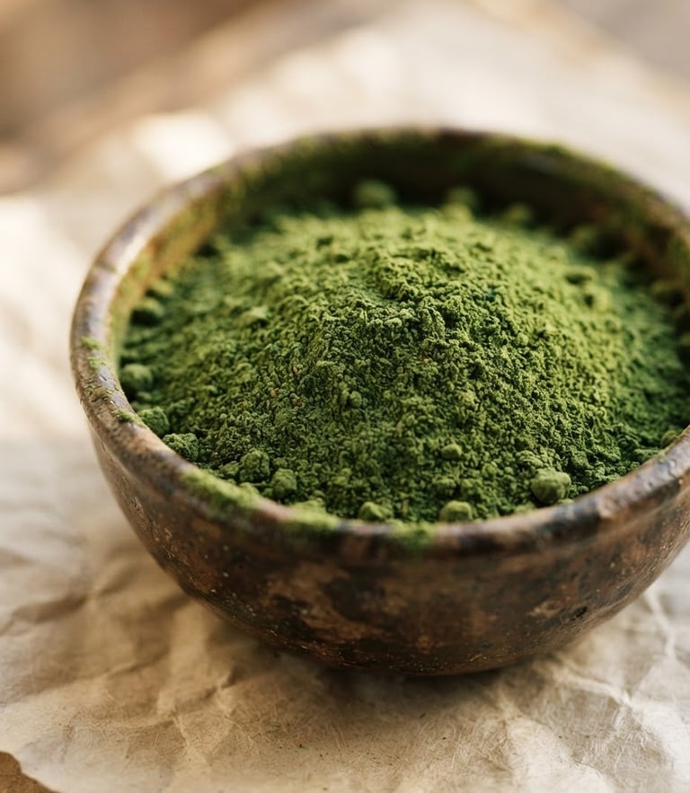 Macro shot of vibrant green moringa powder in a rustic clay bowl, soft afternoon side-light, unbleached parchment background, 35mm photography