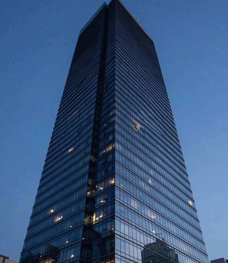 Low-angle dramatic twilight shot of a modern, ultra-luxury glass skyscraper in Balneário Camboriú, sharp geometric lines reflecting the deep blue ocean sky, architectural precision.