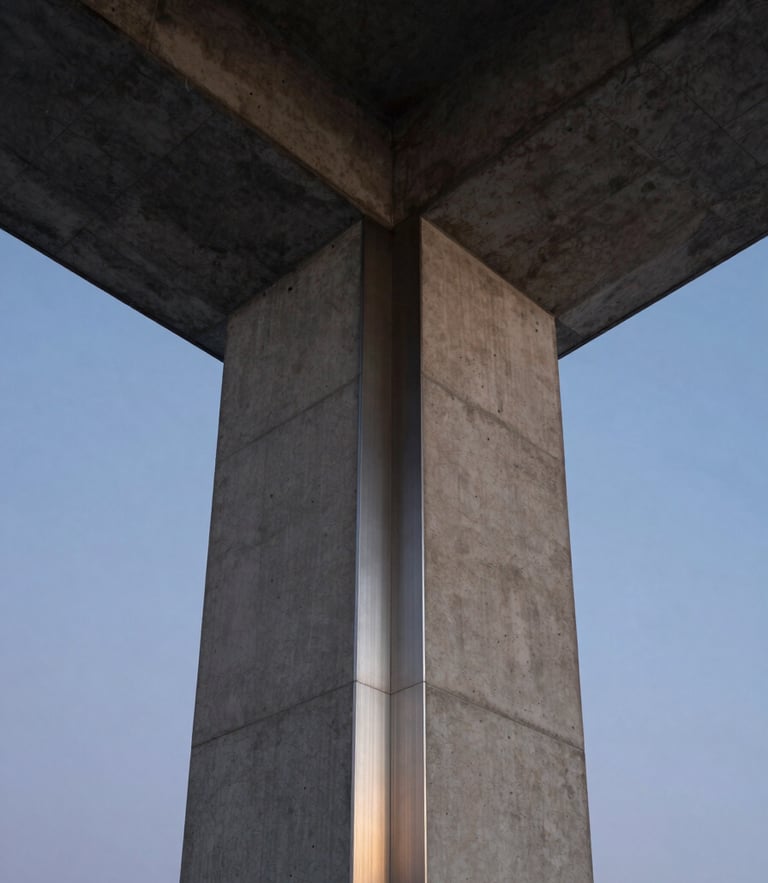 Symmetrical low-angle shot of a raw concrete and brushed steel column against a twilight sky, clean geometric lines, architectural focus