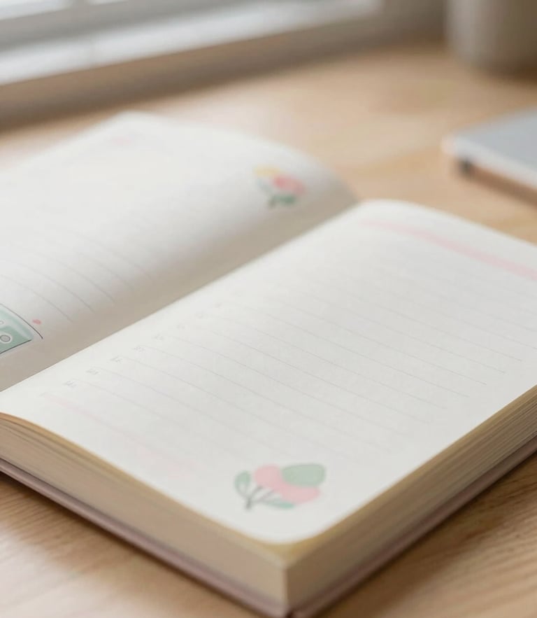 Close-up macro shot of a decorated pastel planner page on a light wood desk, soft morning window light, shallow depth of field, 35mm