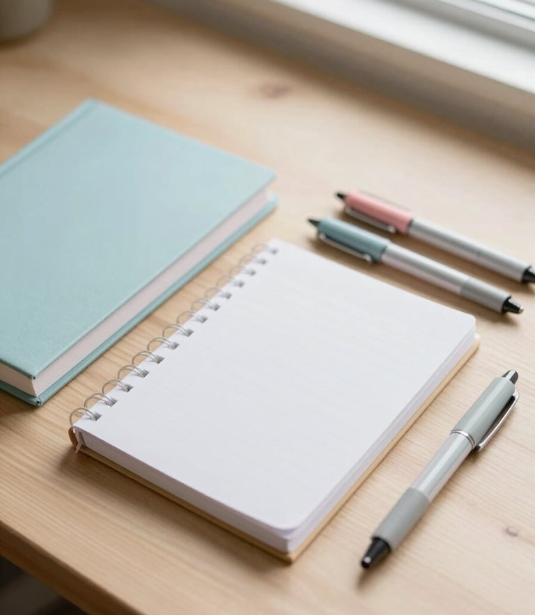 Overhead flatlay of pastel notebooks and fine-point gel pens arranged neatly on a light wood desk under soft morning window light, shallow depth of field