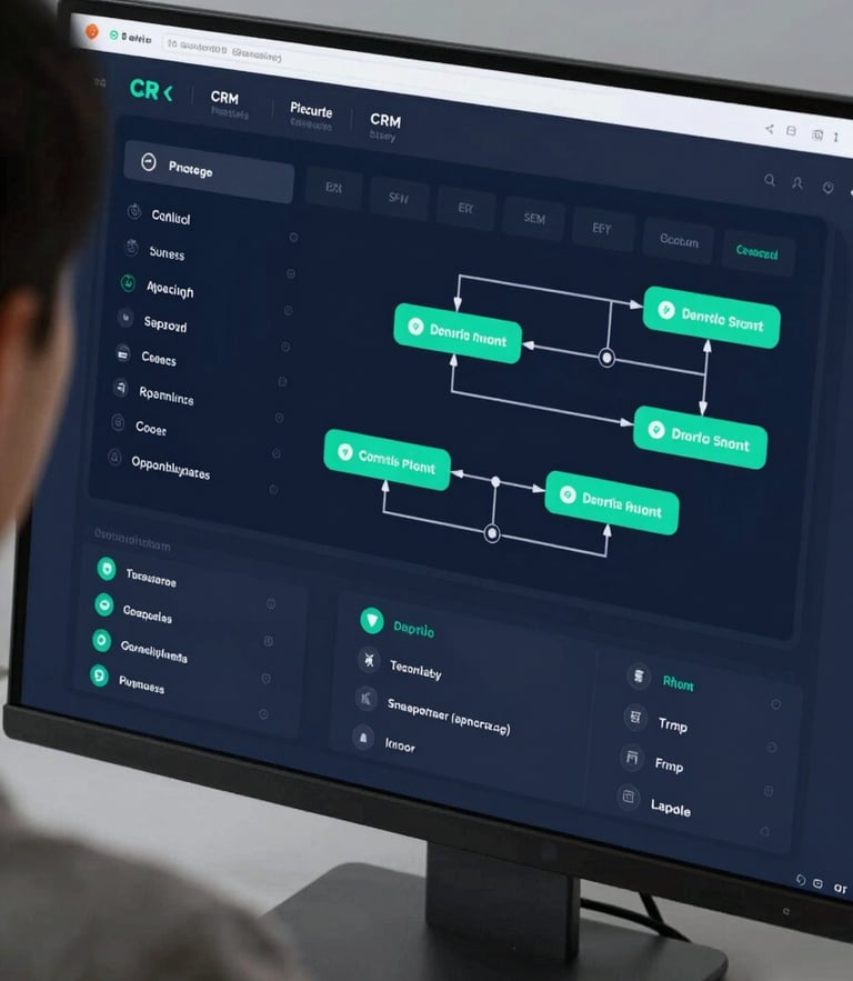 Close-up over-the-shoulder view of a clean software dashboard displaying secure CRM data pipelines, sharp focus, cool-toned daylight, professional technology setting