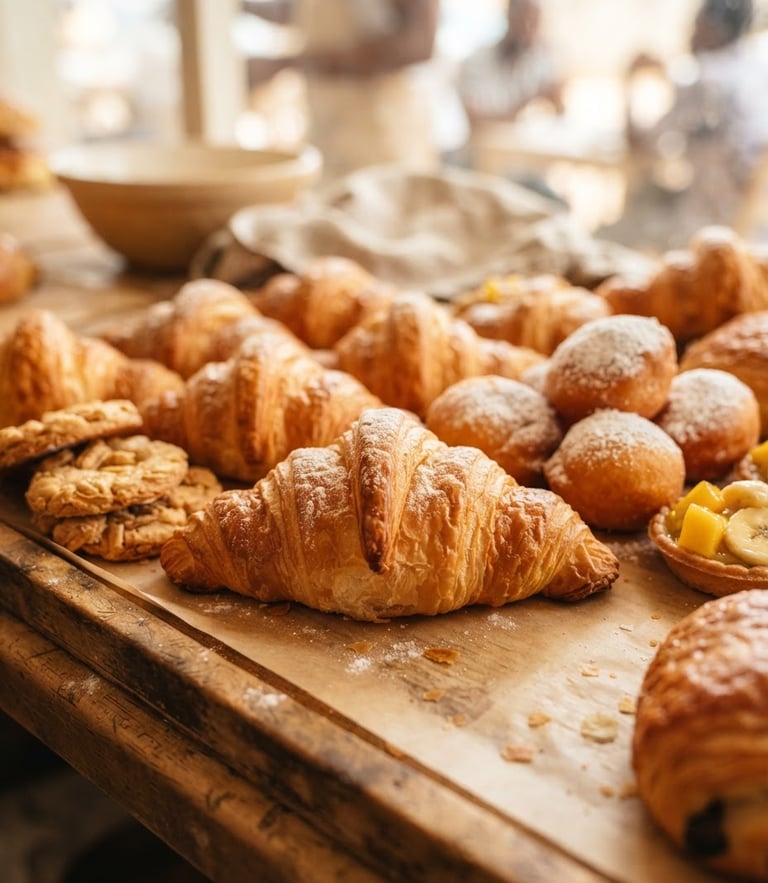 Close-up macro shot of freshly baked golden croissants and local Gabonese pastries on a clean counter, warm natural daylight, shallow depth of field, appetizing