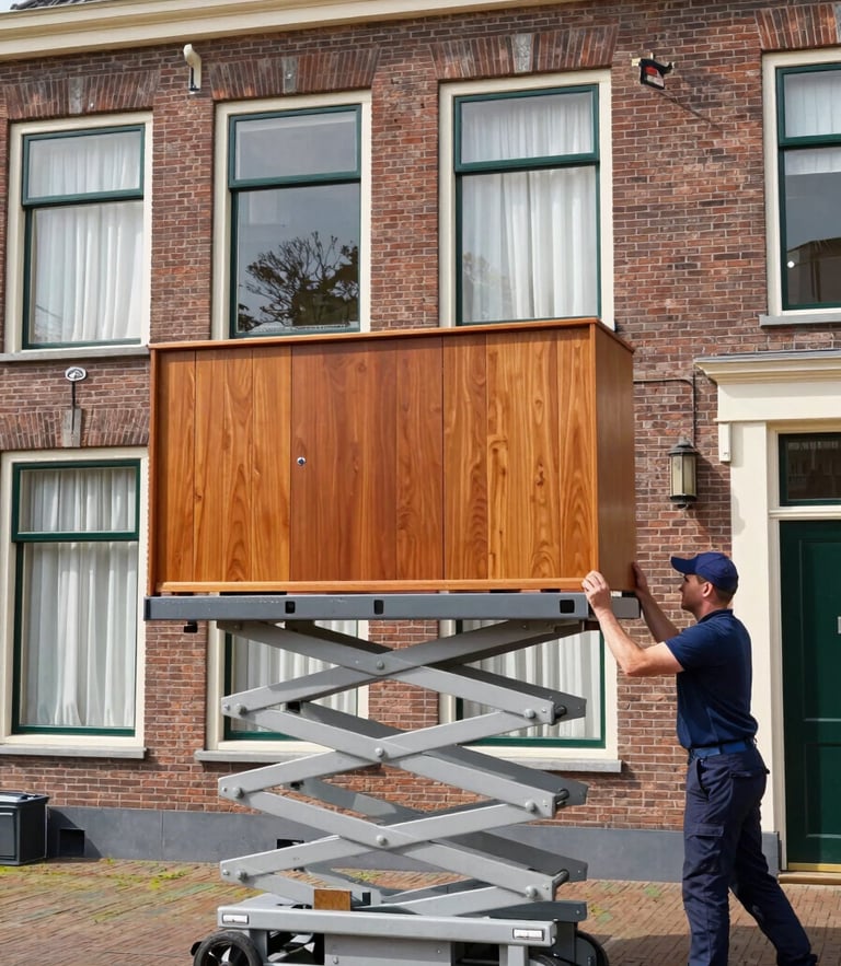 A clean professional Dutch furniture moving lift set up outside a classic brick villa in Heemstede, operator carefully guiding a large wooden cabinet on the lift platform, bright daytime, 35mm lens