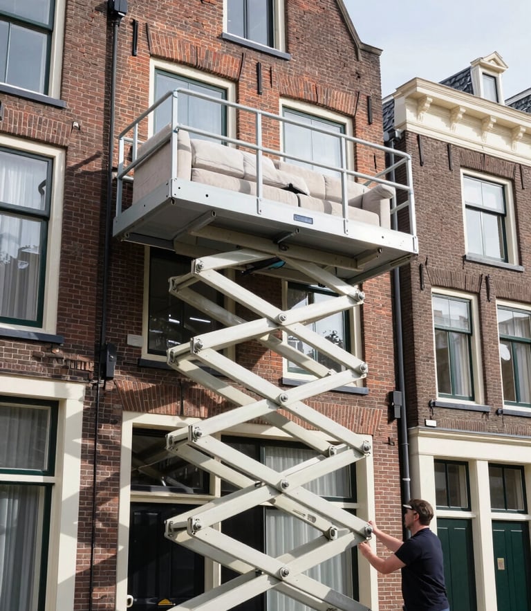 A realistic photo of a Dutch furniture moving lift extended to a third-floor window of a historic brick apartment building in Haarlem, with a professional operator guiding a sofa on the platform under bright daylight.