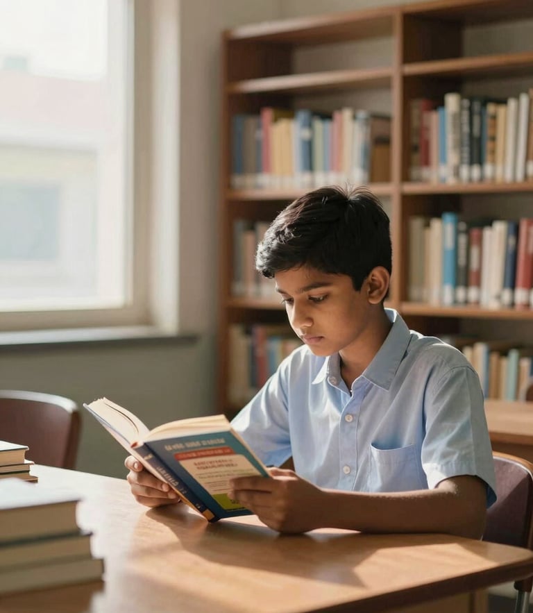 A medium environmental shot of a clean, well-lit Indian school library, a student focused on reading a book, warm natural daylight coming from a side window, professional atmosphere.