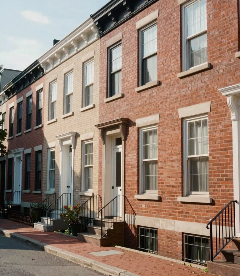A bright, sunlit street of historic brick rowhouses in Capitol Hill, Washington D.C., morning light casting soft shadows, clean and inviting environment.