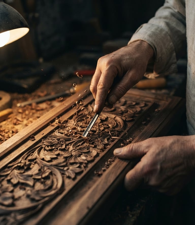 Moody close-up of an artisan's hands carving intricate floral patterns into dark walnut wood, warm side-lighting catching wood shavings, 35mm lens