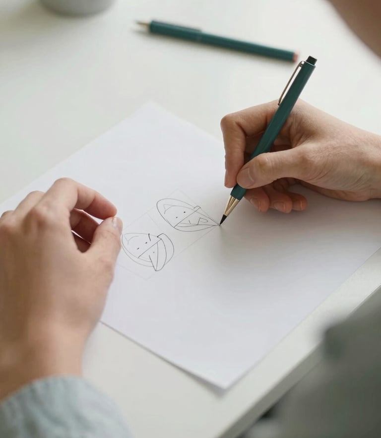 Close-up of elegant hands sketching wireframes on a clean desk, soft natural daylight, warm tones, 35mm