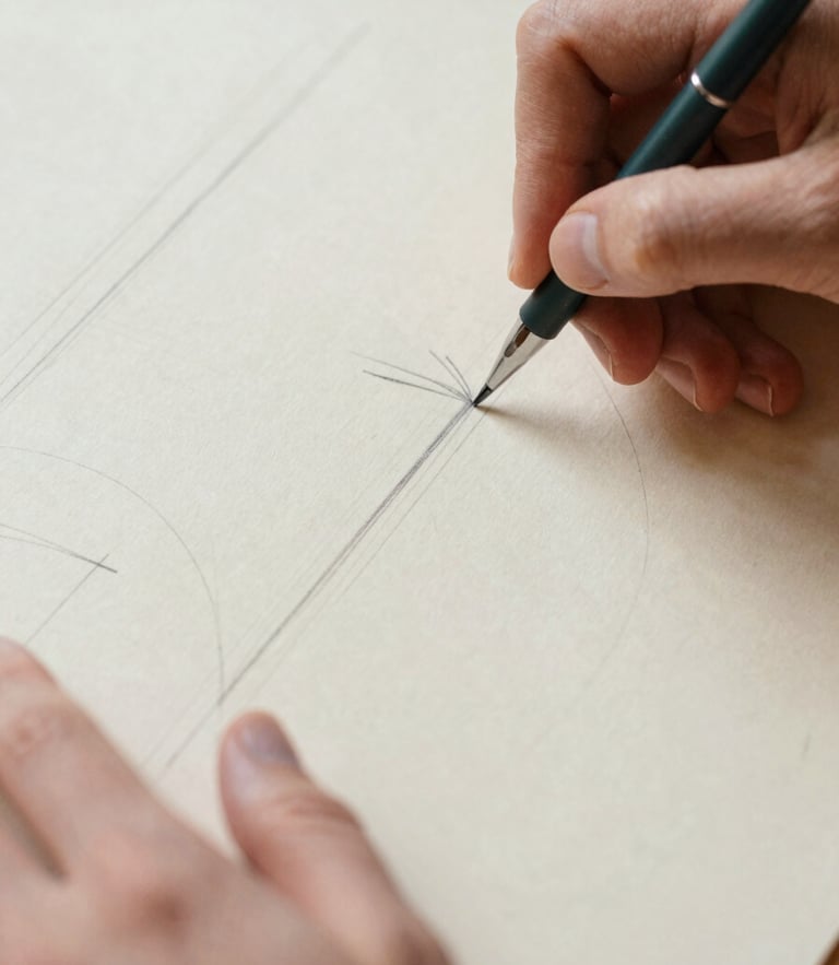 Close-up of hands sketching wireframes on warm textured paper, soft natural daylight, pastel tones, shallow depth of field, 35mm
