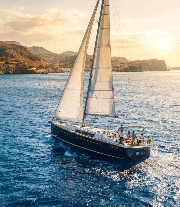 Wide environmental shot of the Oceanis 60 sailing yacht with its deep blue hull cutting through the sparkling azure Mediterranean sea, golden hour sunlight, 35mm film look.