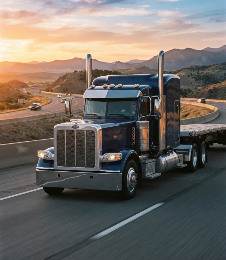 A clean semi-truck cab in crisp golden hour morning light on an open highway, sharp focus, 35mm