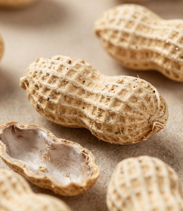 Macro texture of compressed peanut shell briquettes, natural warm tan fibers, soft overcast daylight, 35mm lens