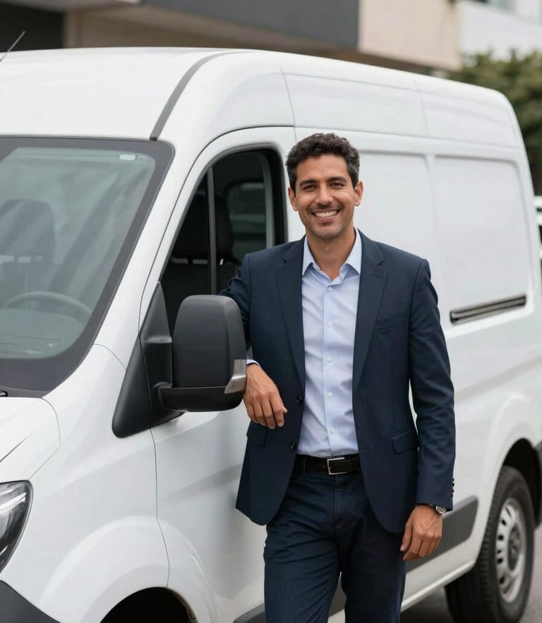 A smiling Brazilian male driver in his 30s standing next to a clean white Renault Master van in a bright urban street, natural daylight, professional and friendly look