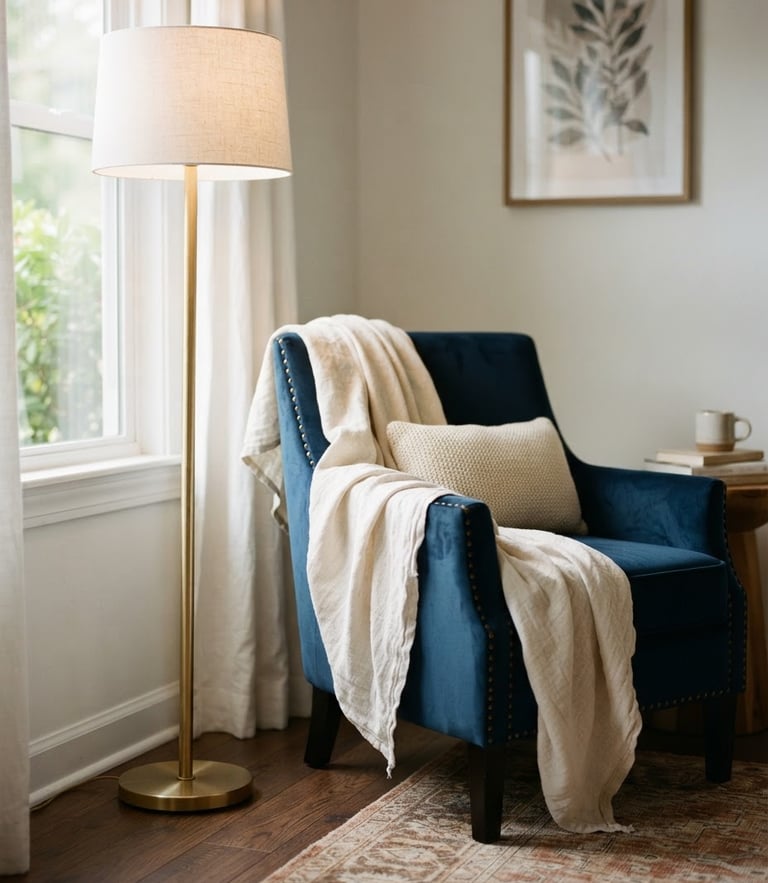 Warm editorial photography of a sunlit living room corner, soft morning window light, textured cream linen throw draped over a navy accent chair, brushed gold floor lamp, shallow depth of field, 35mm