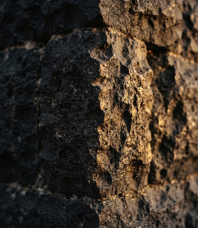 Extreme close-up macro shot of a hand-dressed dark basalt stone block corner, dramatic side lighting casting long shadows, warm golden sunset highlights, 35mm architectural photography