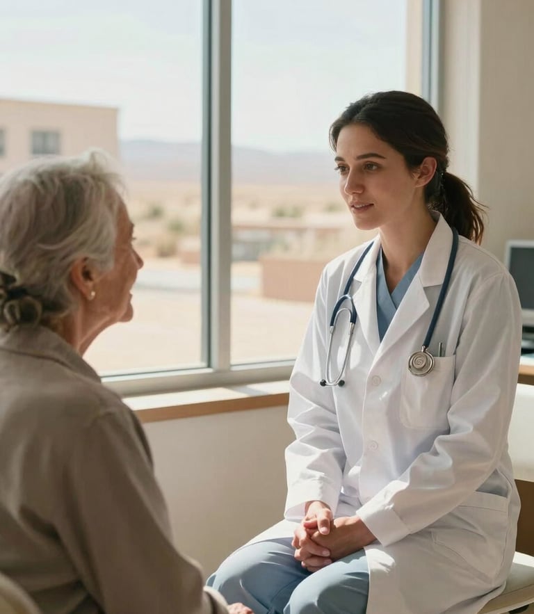 Warm desert daylight streaming through a large window of a downtown clinic, a compassionate female clinician in professional attire speaking warmly with an elderly community member, eye-level medium shot of respectful human connection.