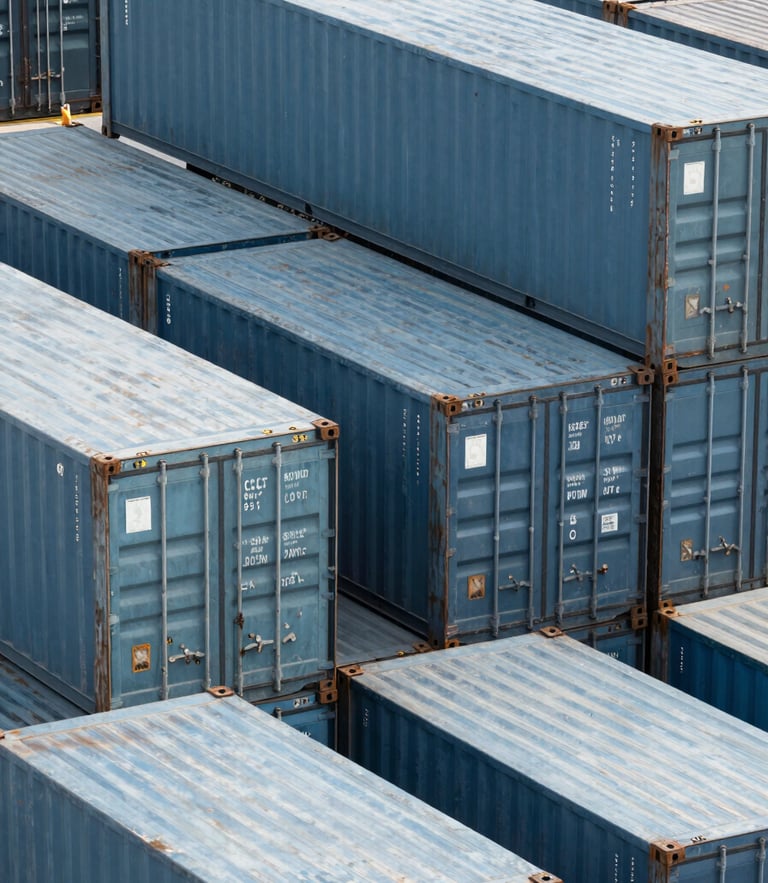 High-angle structured pattern of steel shipping containers stacked in a modern deep-water port, cool daylight with subtle blue accents, crisp commercial photography