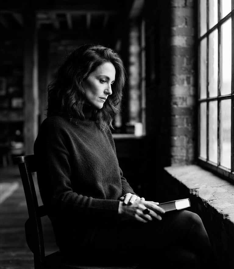 Moody high-contrast black and white medium format portrait of a solitary figure, dramatic natural window light, deep shadows, elegant composition