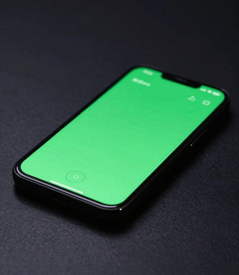 Sleek high-fidelity Android device mockup on a dark reflective surface, vibrant electric green UI interface glowing, macro studio lighting, 35mm