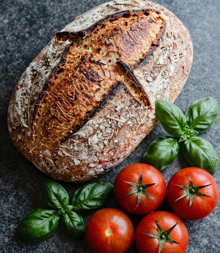 Overhead flat lay of rustic sourdough bread, heirloom tomatoes, and fresh basil on a dark stone counter, soft Scandinavian morning light, rich crimson tones.