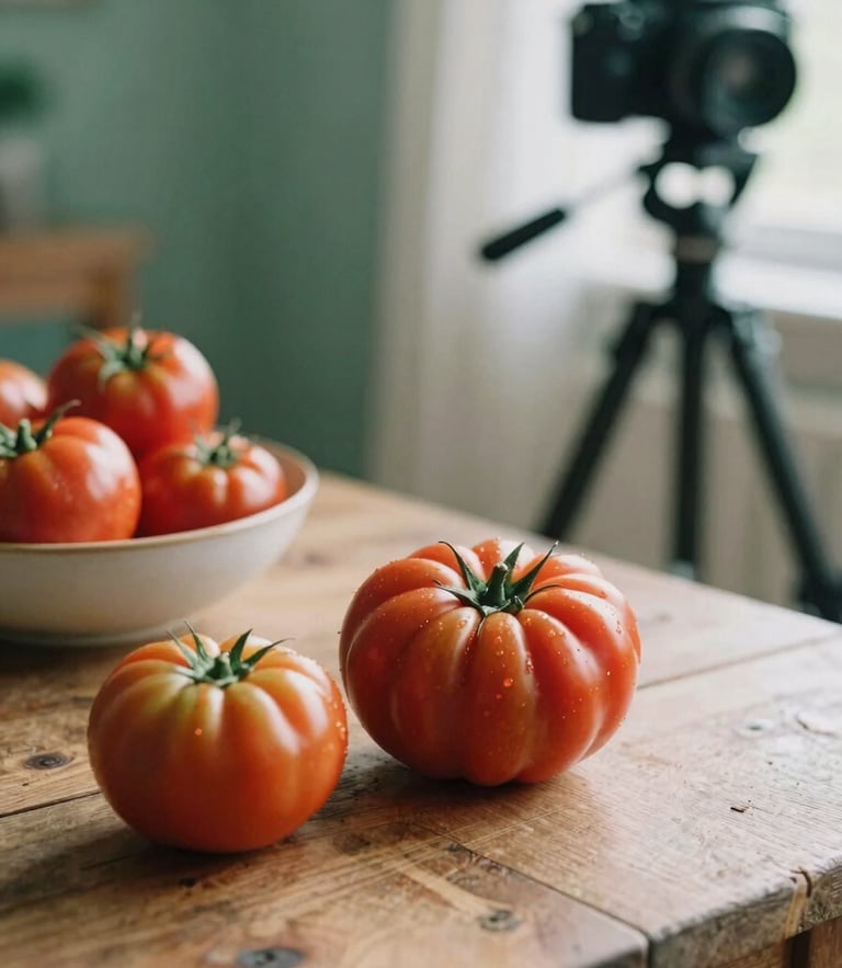 Soft Scandinavian daylight illuminating a rustic wooden table with fresh heirloom tomatoes, a ceramic bowl, and a camera on a tripod off-center, warm ambient light, 35mm film look.