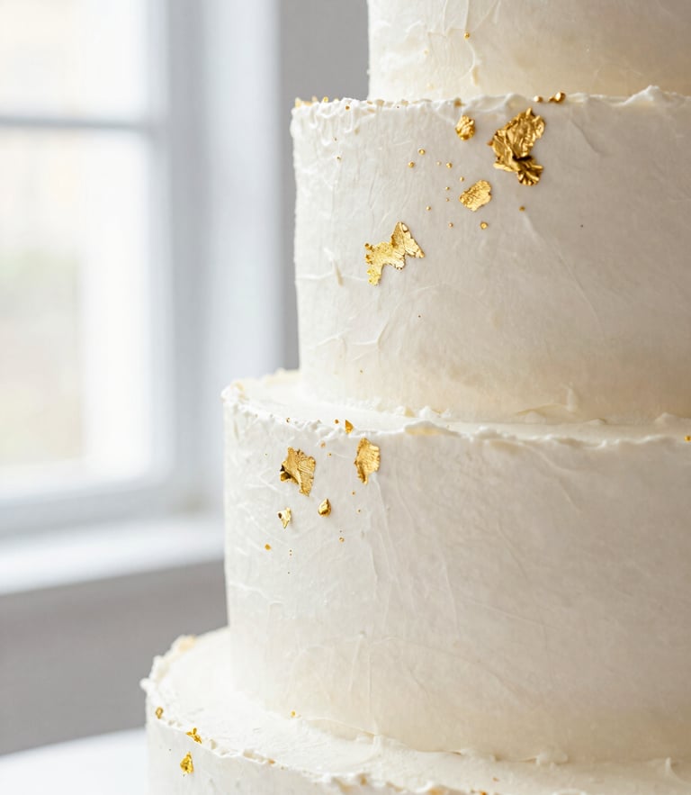 Bright editorial food photography, close-up of a modern tiered cake with textured white buttercream and delicate edible gold leaf, soft natural side-lighting