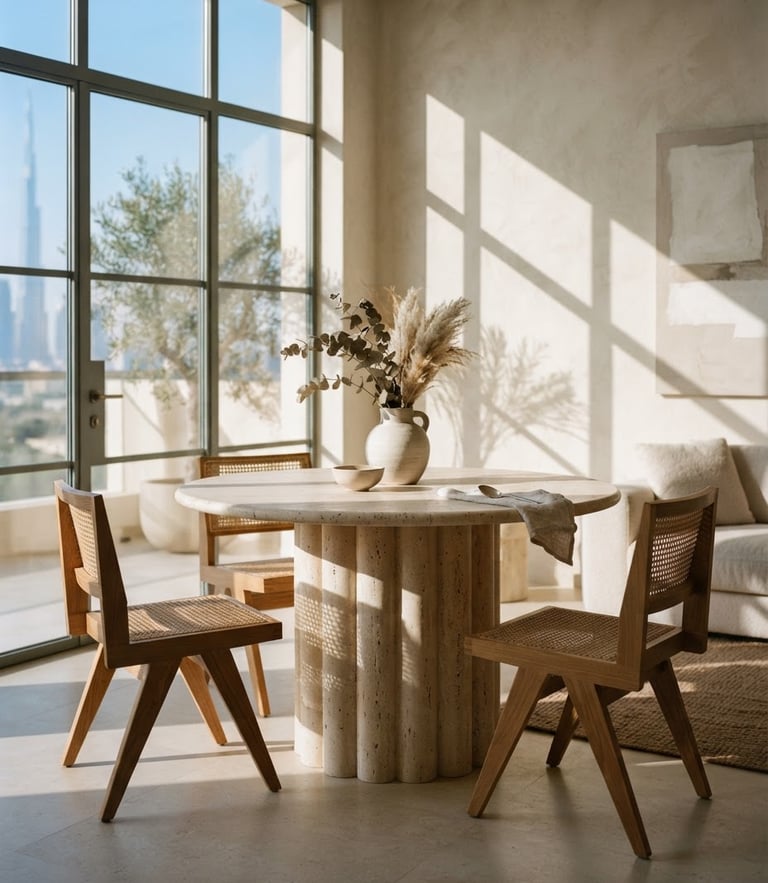 An architectural travertine pedestal table in a sun-drenched Dubai villa, soft afternoon shadows casting elegant lines, medium format editorial photography.
