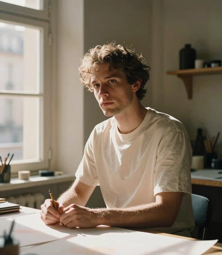 Cinematic portrait of a creative artisan in a sunlit Parisian studio, dramatic side lighting casting deep shadows, warm cream tones, 35mm anamorphic lens framing
