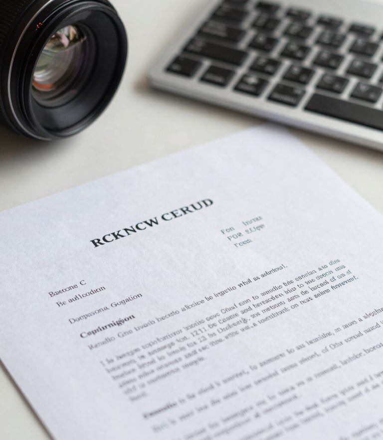 Close-up of a clean digital workspace, a high-quality printed official business document resting next to a modern keyboard, bright daylight balanced, sharp focus on the document details.