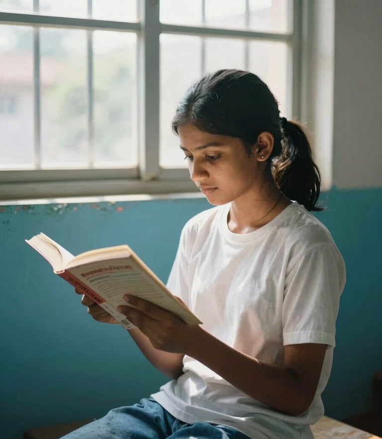 A local student in Andhra Pradesh reading a book by bright natural window light, warm editorial photography, 35mm