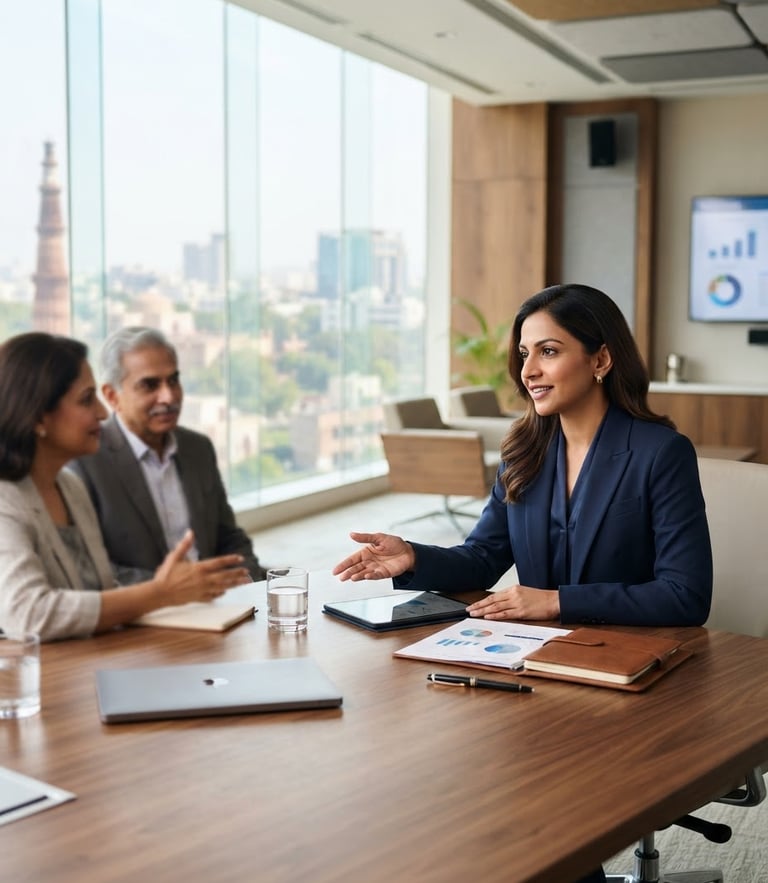 A professional financial advisor in a bright, modern corporate boardroom in Delhi, natural daylight, sharp focus, editorial style