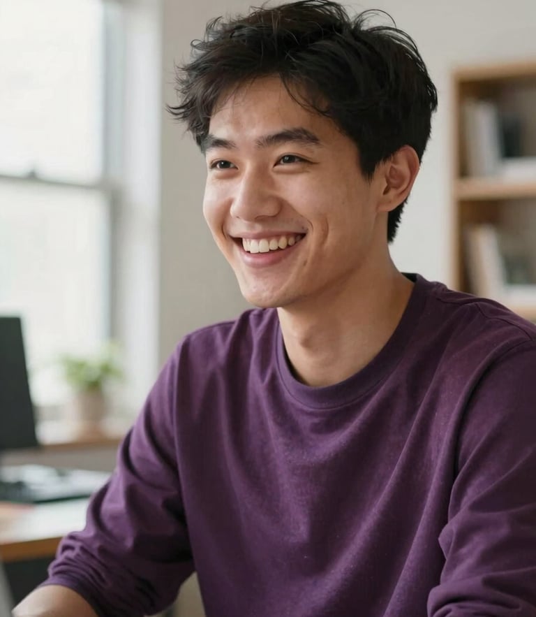 Young adult smiling warmly in a bright, naturally lit Indiana workspace, candid expression, shallow depth of field, warm plum accents