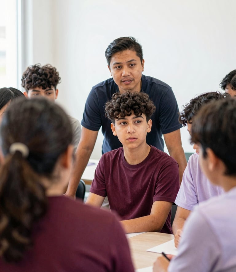 A local community mentor guiding a young adult through a collaborative workshop, natural daylight, soft focus, authentic emotion