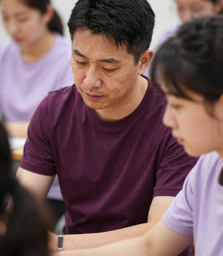 Candid close-up of a mentor guiding a participant through a workshop, warm natural daylight, high contrast, focused expressions.