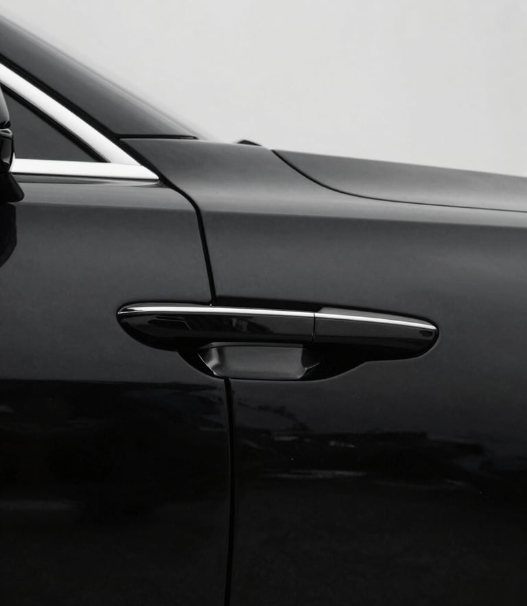 Desaturated minimalist editorial photography of a polished black luxury sedan door handle, sharp shadows, overcast daylight, crisp 50mm lens